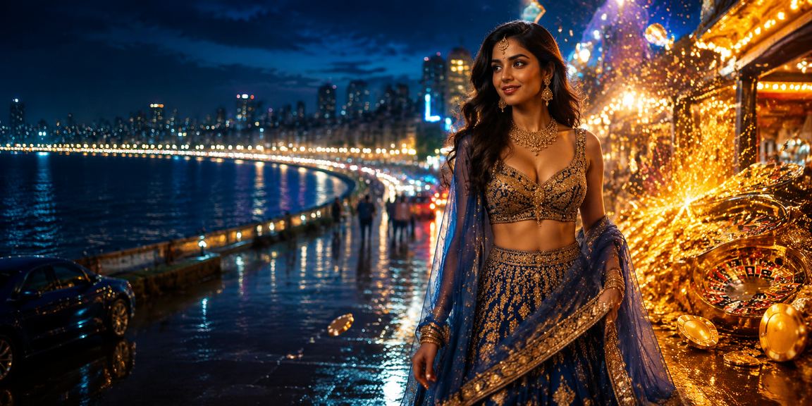 Mumbai Marine Drive nightscape with sports betting on mobile device